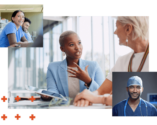 A collage of three photos showing healthcare professionals in a variety of settings: a young woman in blue scrubs with dark hair smiles across a meeting, a young black woman in a blazer talks seriously with an older colleague, a middle aged woman smiles into the camera