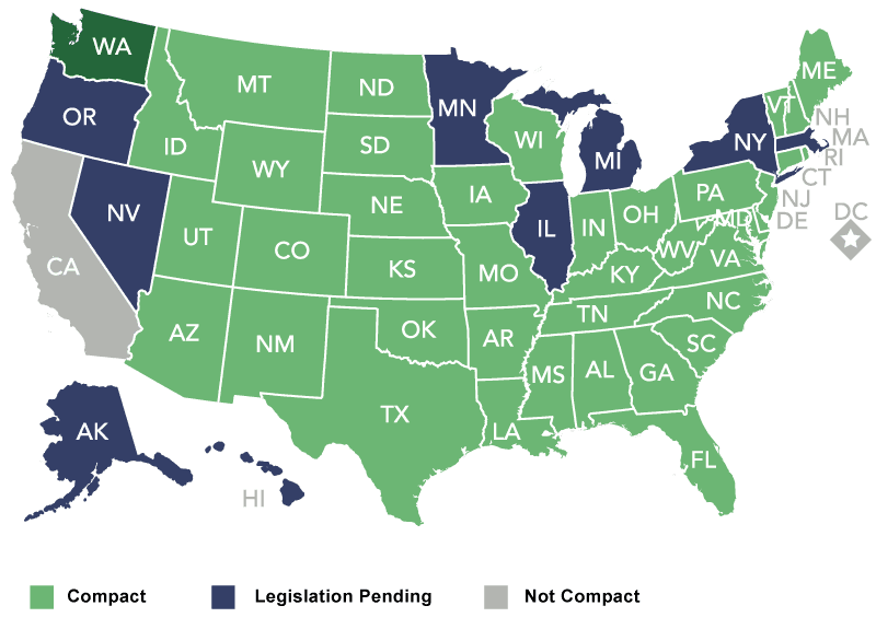 Map of the United States showing NLC compact nursing license states 2026